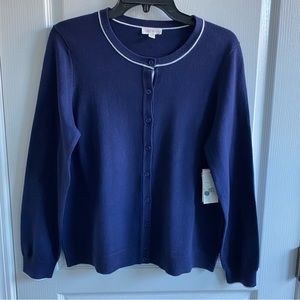 NWT Riley & Rae Navy With White Trim Crewneck Cardigan Sweater, Size L